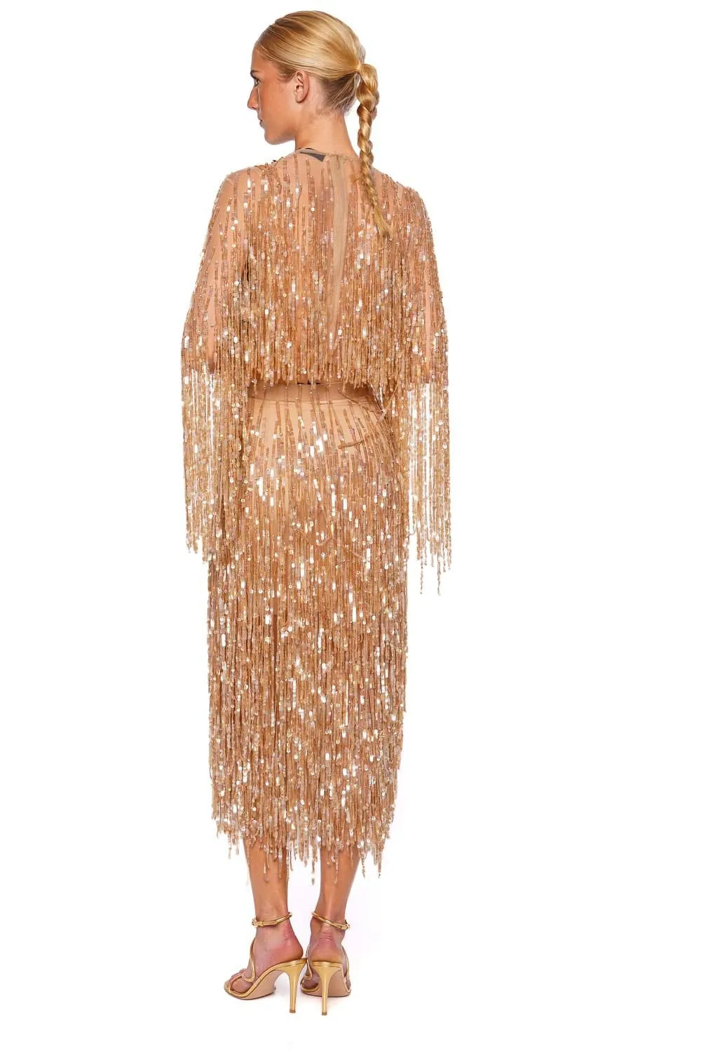 Oat Fringe Sequin Pencil Midi Skirt