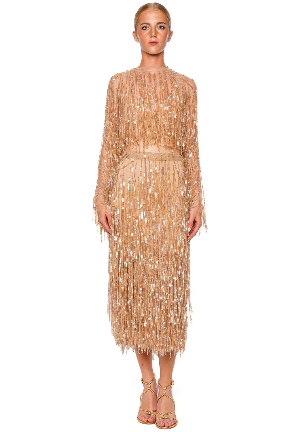 Oat Fringe Sequin Pencil Midi Skirt