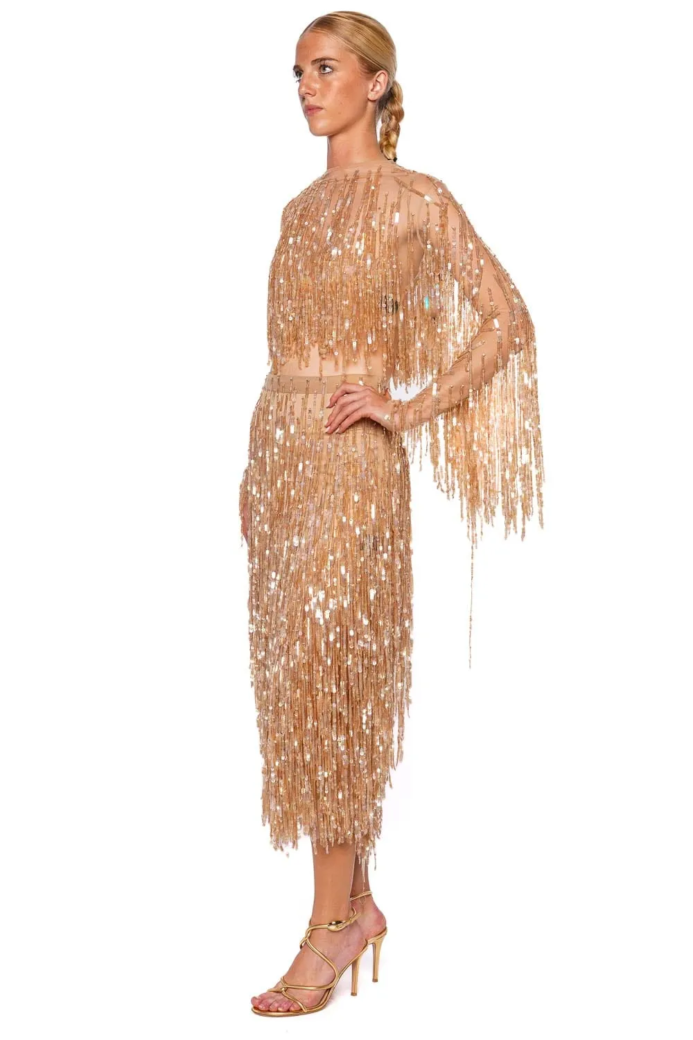 Oat Fringe Sequin Pencil Midi Skirt