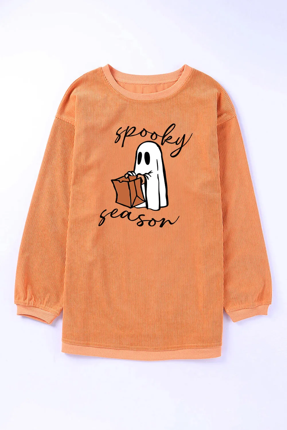 Orange Spooky Season Ghost Print Ribbed Pullover Sweatshirt