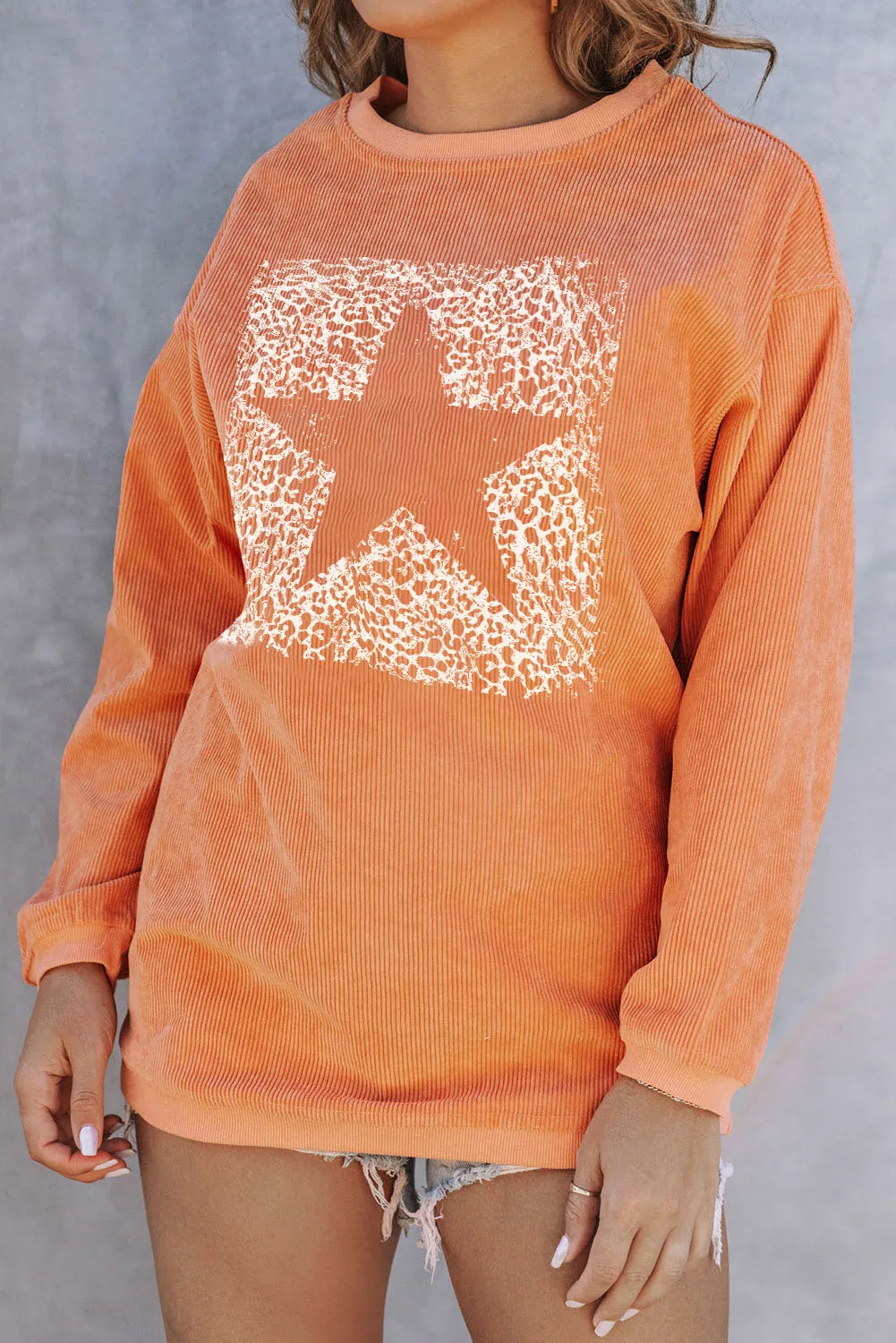 Orange Star Graphic Drop Shoulder Corded Sweatshirt