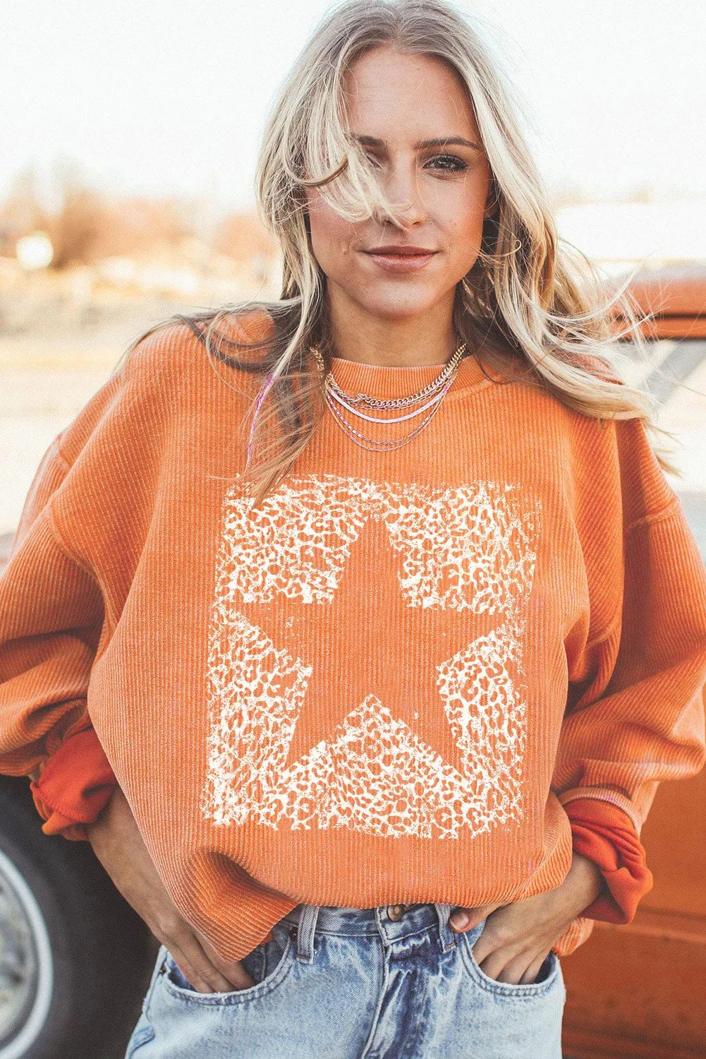 Orange Star Graphic Drop Shoulder Corded Sweatshirt
