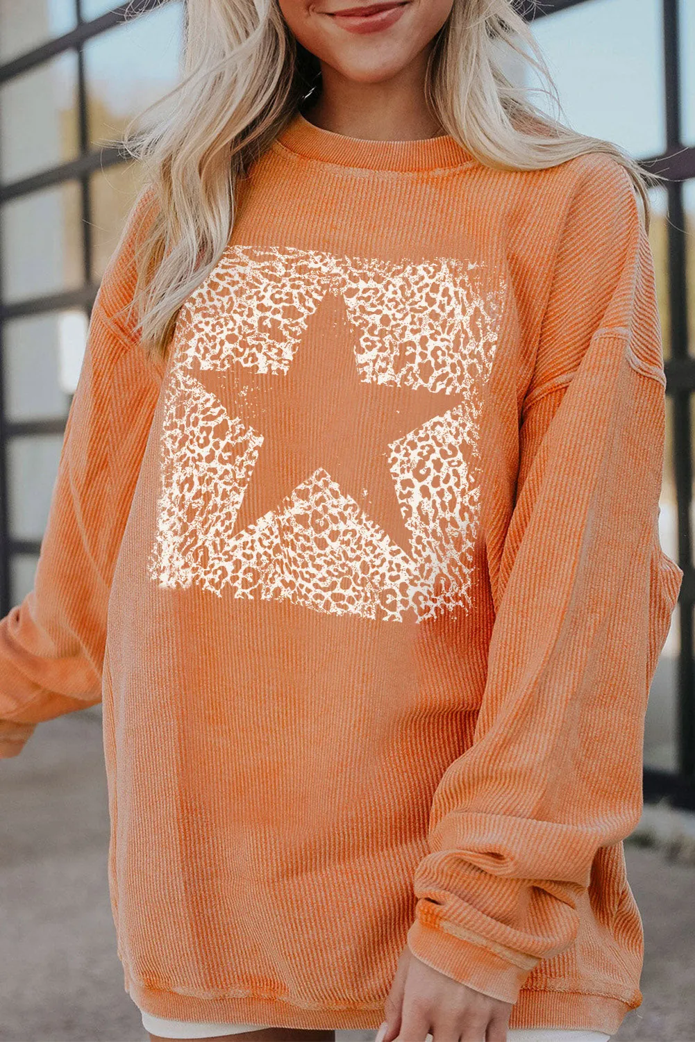 Orange Star Graphic Drop Shoulder Corded Sweatshirt