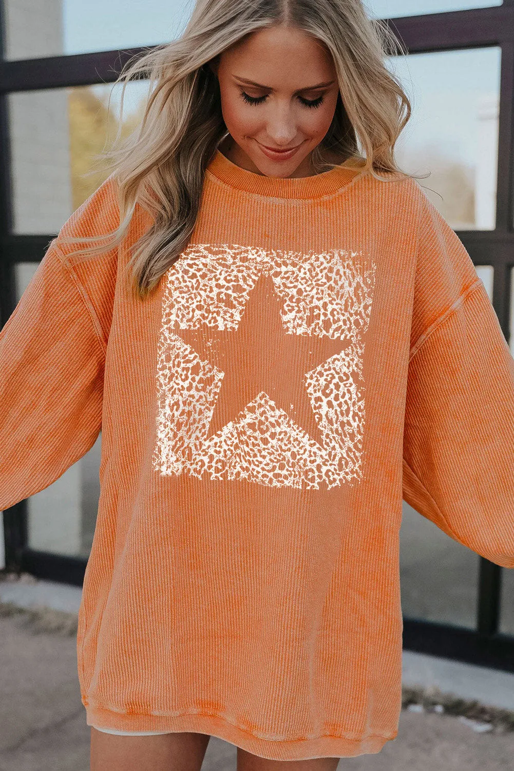 Orange Star Graphic Drop Shoulder Corded Sweatshirt