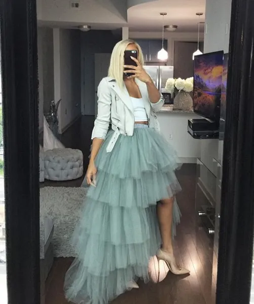 Oyemwen Tiered High Low Tulle Maxi Tutu Skirt  Gray