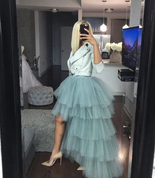 Oyemwen Tiered High Low Tulle Maxi Tutu Skirt  Gray