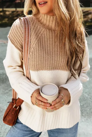 Parchment Cable Knit Color Block Side Splits Mock Neck Sweater