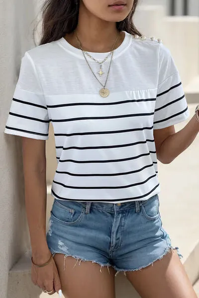 Patricia Decorative Button Striped Short Sleeve T-Shirt
