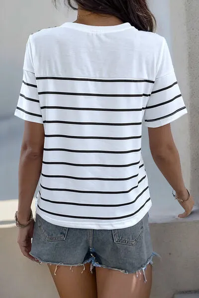 Patricia Decorative Button Striped Short Sleeve T-Shirt