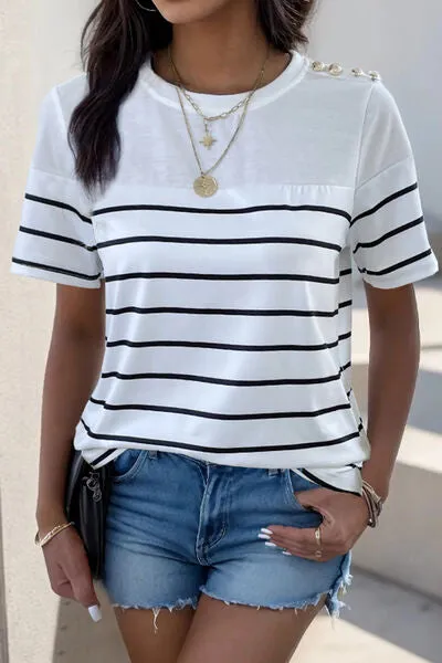 Patricia Decorative Button Striped Short Sleeve T-Shirt