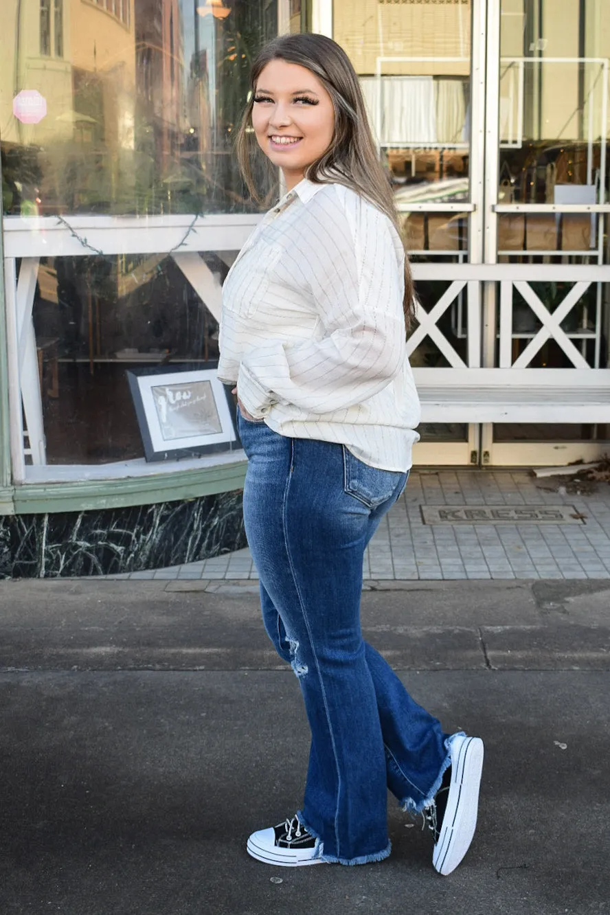 PEGGY OVERSIZED STRIPED BUTTON DOWN - WHITE - REG/CURVY