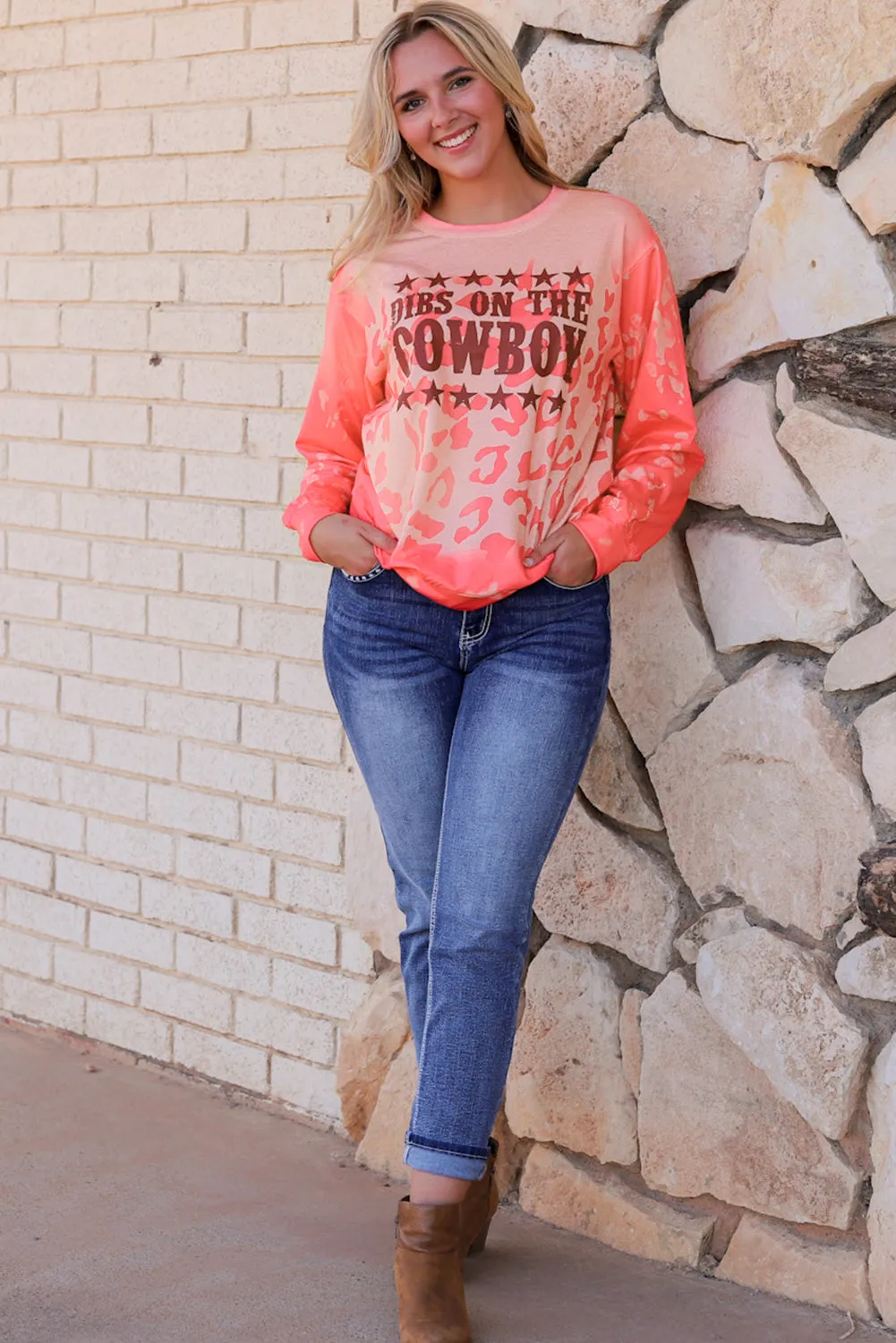 Pink Slogan Cheetah Bleached Print Crewneck Sweatshirt
