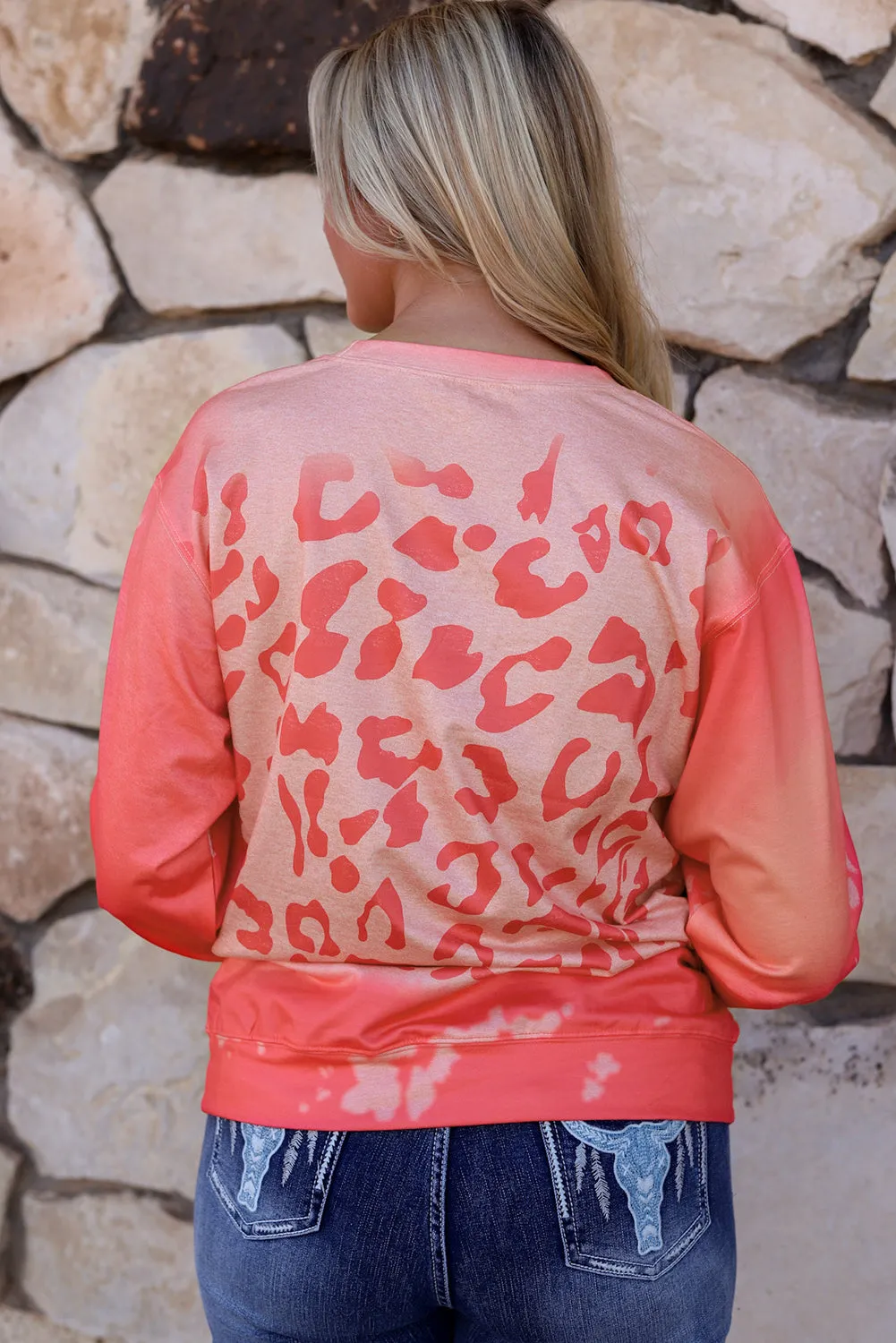 Pink Slogan Cheetah Bleached Print Crewneck Sweatshirt