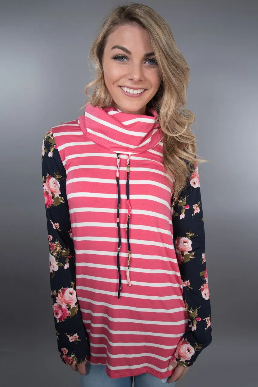 Pink Striped Cowl Neck Top