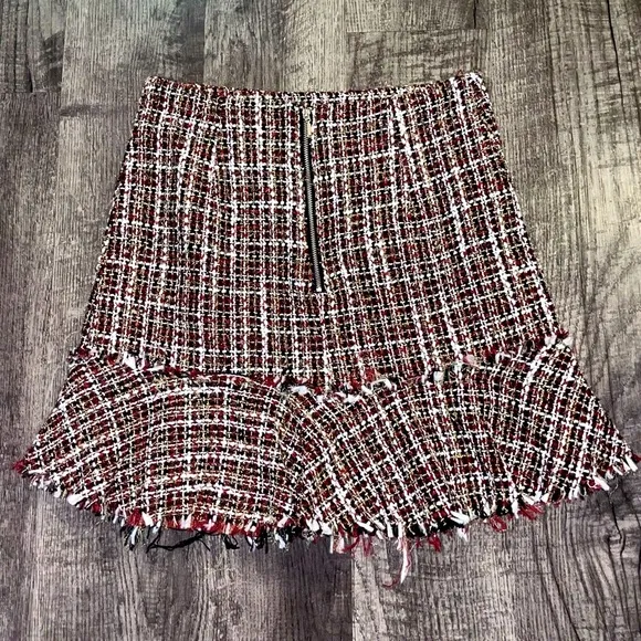 Plaid Tweed Skirt Womens Large Metallic Mini Ruffle Drop Waist Frayed Holidays