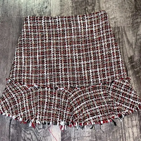 Plaid Tweed Skirt Womens Large Metallic Mini Ruffle Drop Waist Frayed Holidays