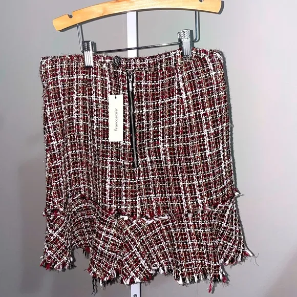 Plaid Tweed Skirt Womens Large Metallic Mini Ruffle Drop Waist Frayed Holidays