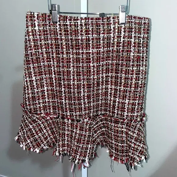 Plaid Tweed Skirt Womens Large Metallic Mini Ruffle Drop Waist Frayed Holidays
