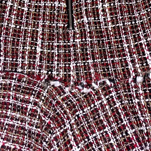Plaid Tweed Skirt Womens Large Metallic Mini Ruffle Drop Waist Frayed Holidays