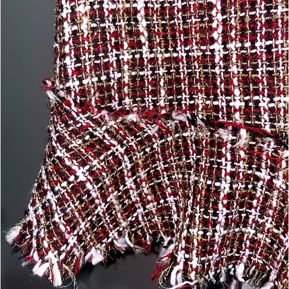 Plaid Tweed Skirt Womens Large Metallic Mini Ruffle Drop Waist Frayed Holidays
