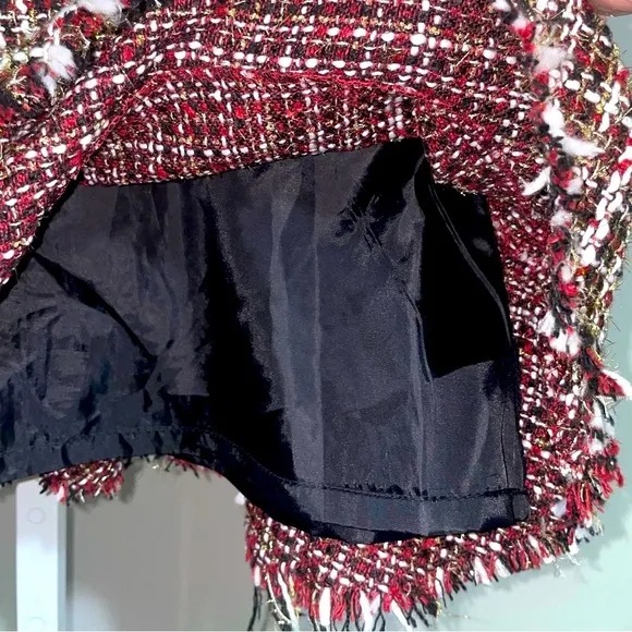 Plaid Tweed Skirt Womens Large Metallic Mini Ruffle Drop Waist Frayed Holidays