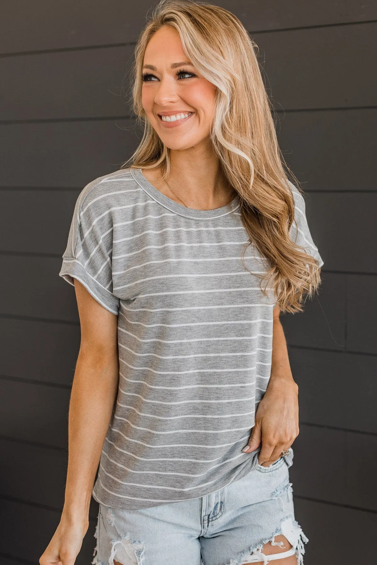 Playing Favorites Striped Top- Heather Grey & Ivory