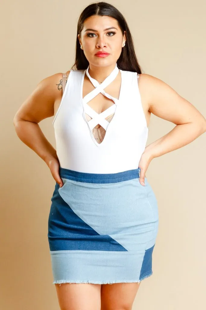 Plus Size Ladies Denim Color Block Short Skirt
