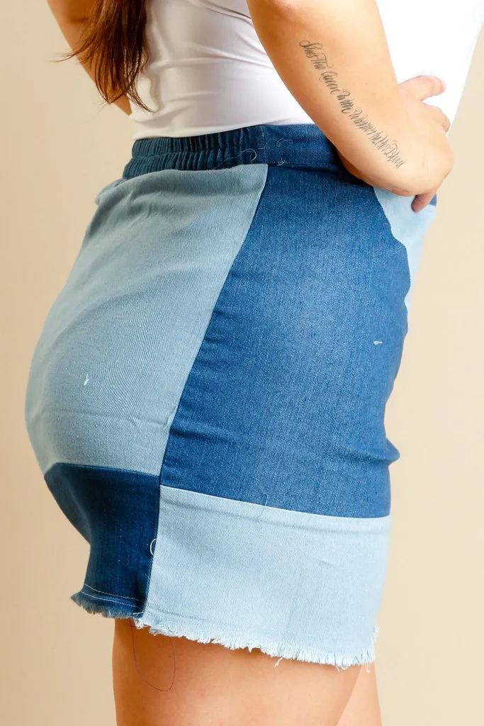 Plus Size Ladies Denim Color Block Short Skirt