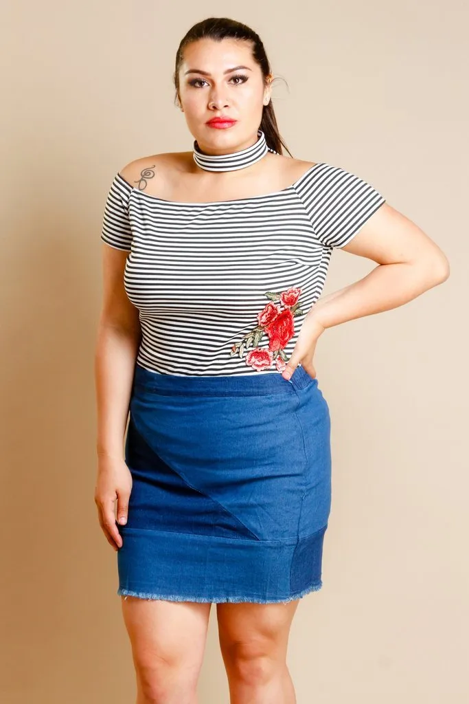 Plus Size Ladies Denim Color Block Short Skirt