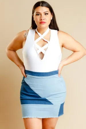 Plus Size Ladies Denim Color Block Short Skirt