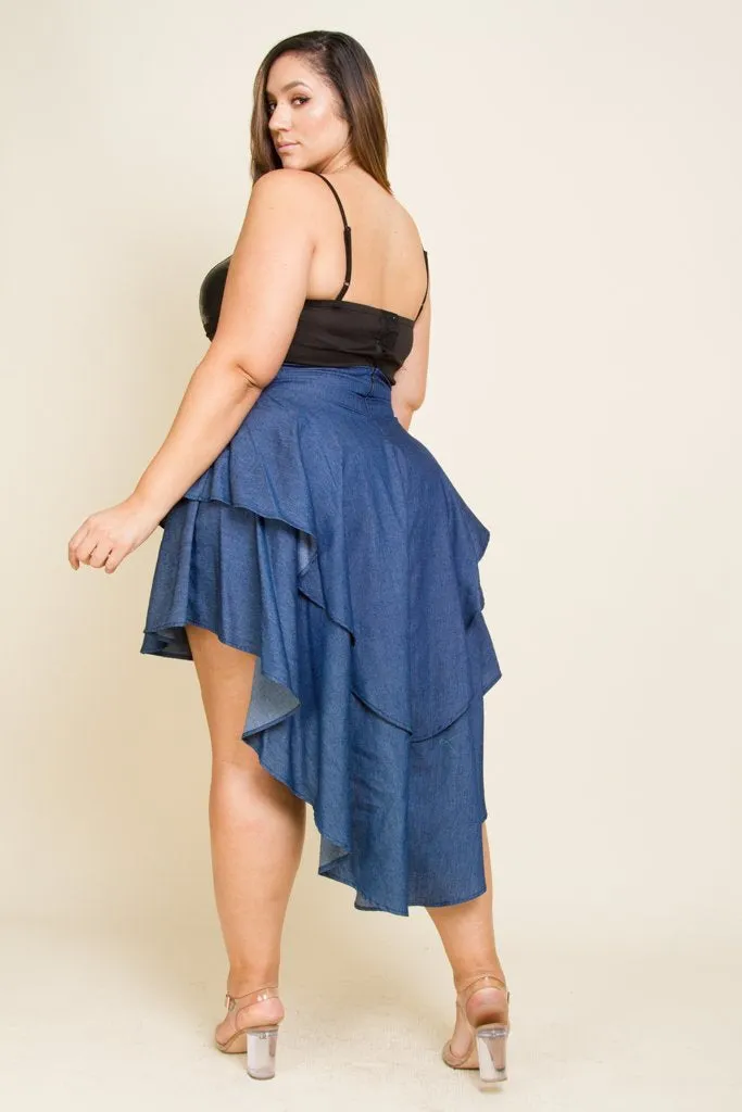 Plus Size Ruffle Hi Low Denim Skirt