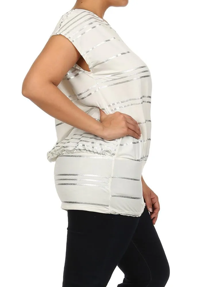 Plus Size Silver Foil Striped Drop Waist White Top