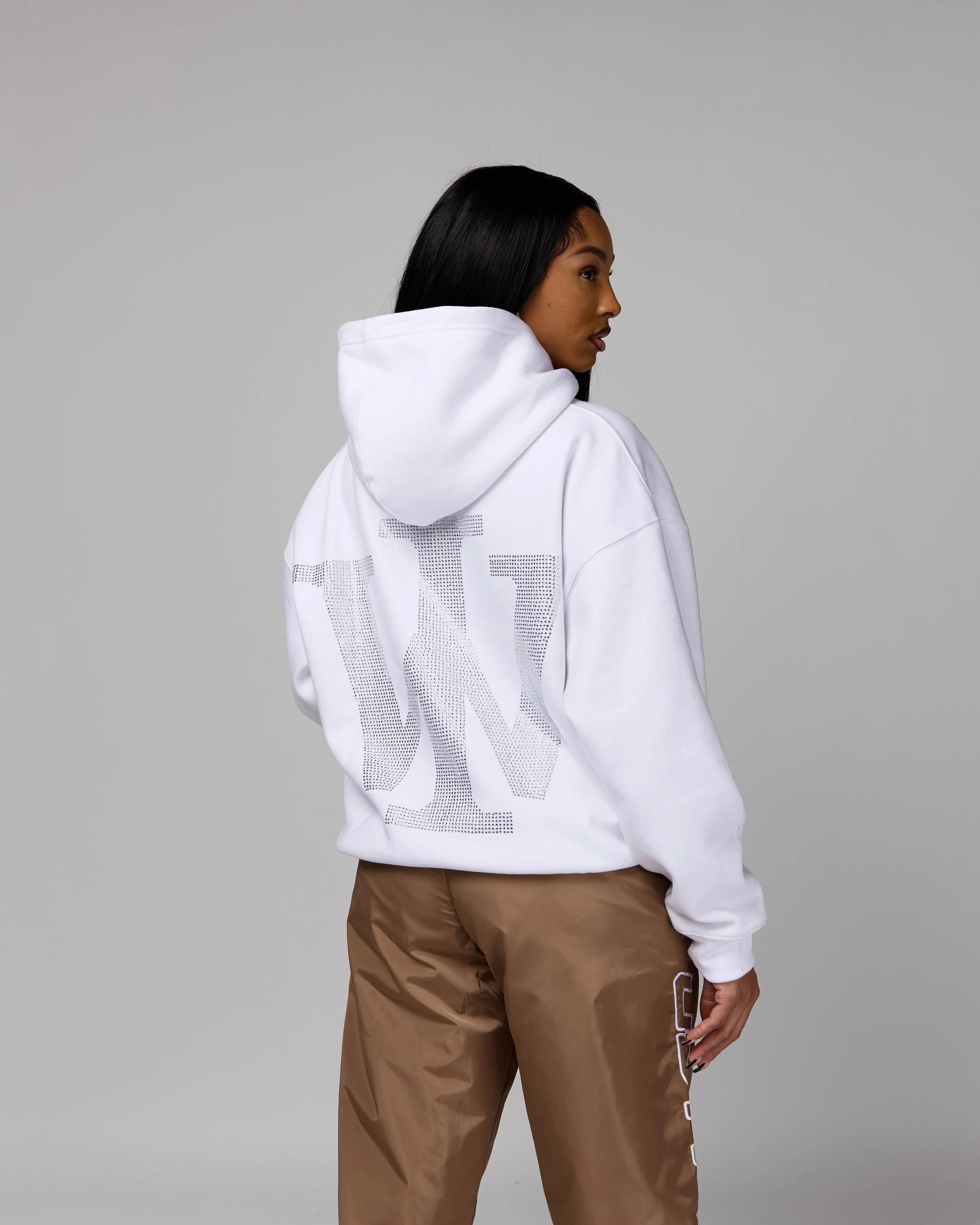 Premium “Stone” Oversized Hoodie (White/Rhinestone) [Boxy   Heavy]
