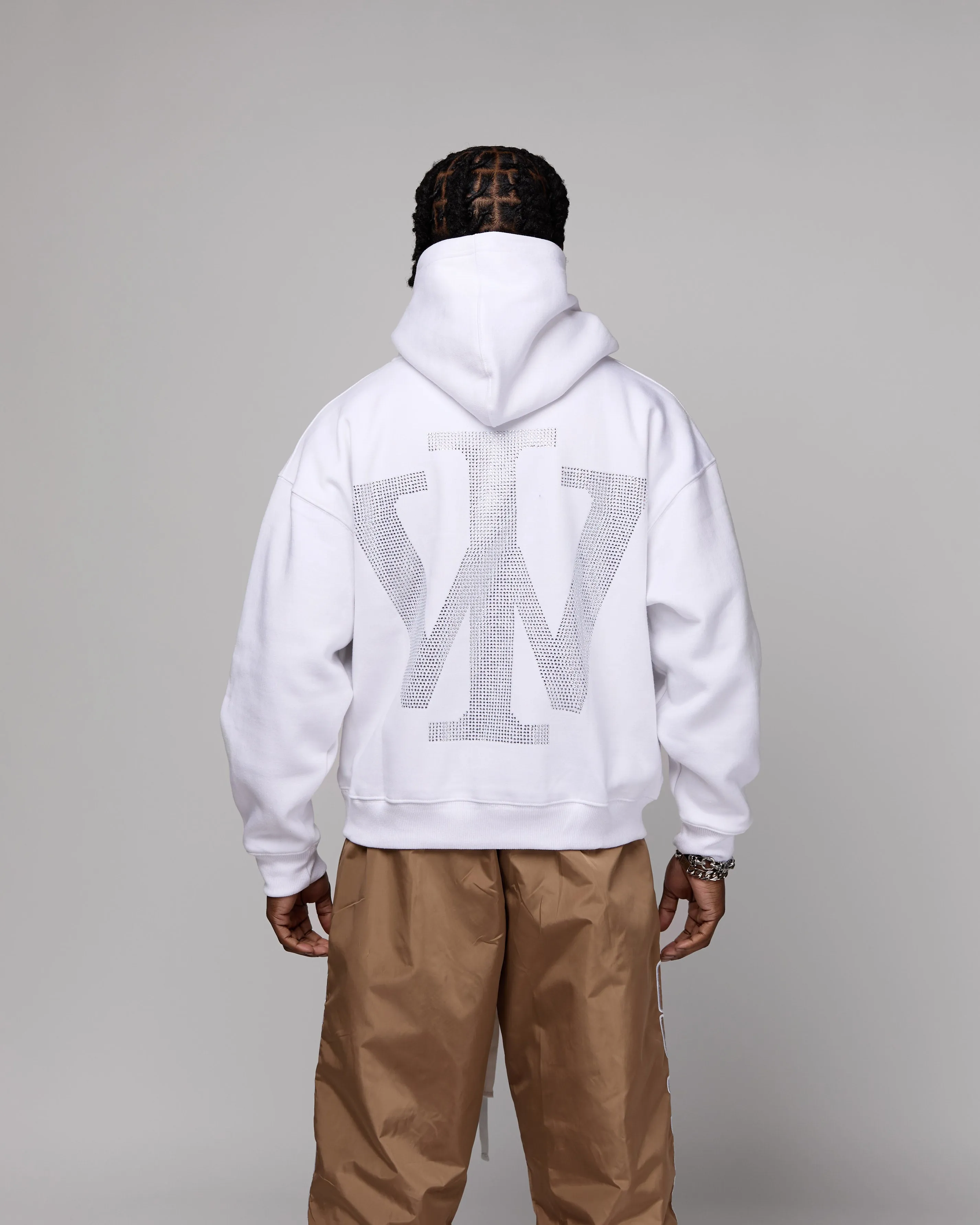 Premium “Stone” Oversized Hoodie (White/Rhinestone) [Boxy   Heavy]