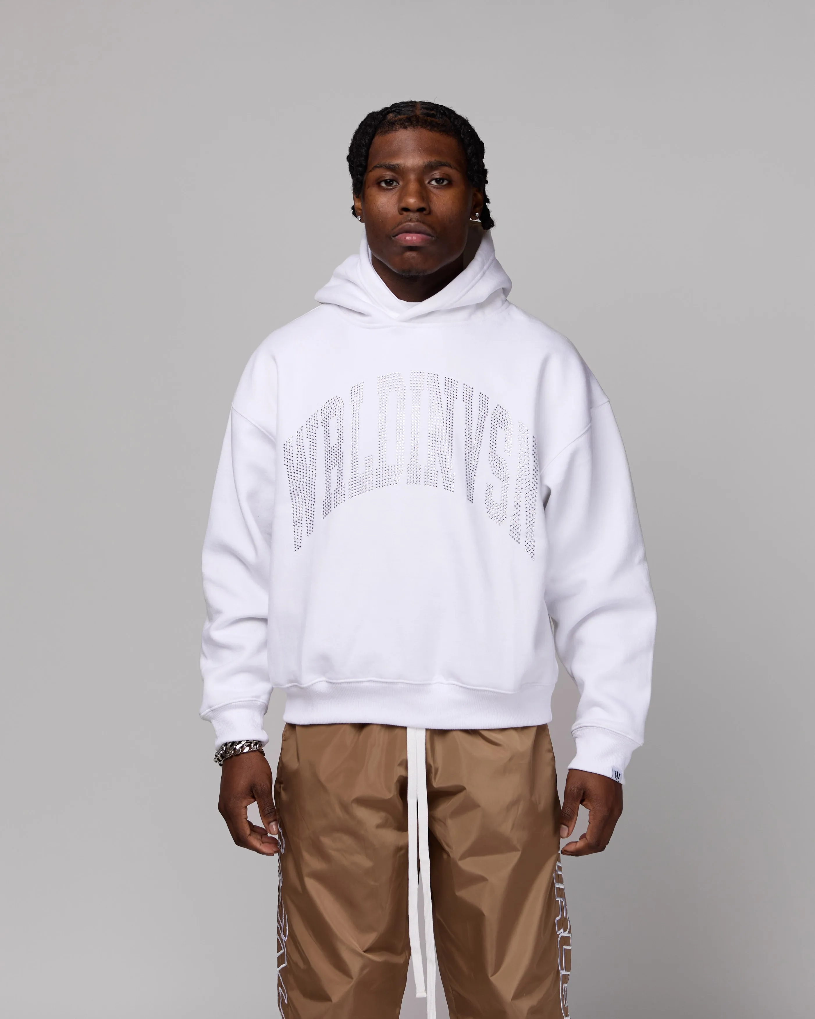 Premium “Stone” Oversized Hoodie (White/Rhinestone) [Boxy   Heavy]