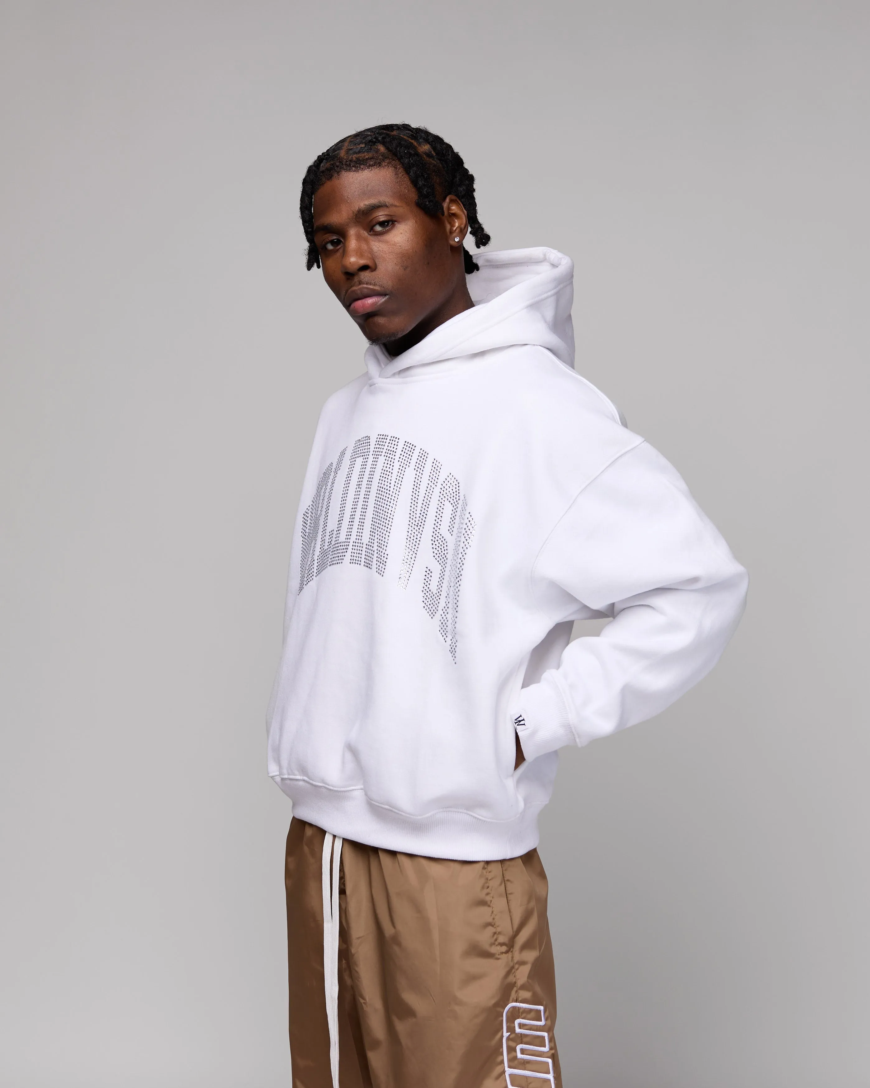 Premium “Stone” Oversized Hoodie (White/Rhinestone) [Boxy   Heavy]