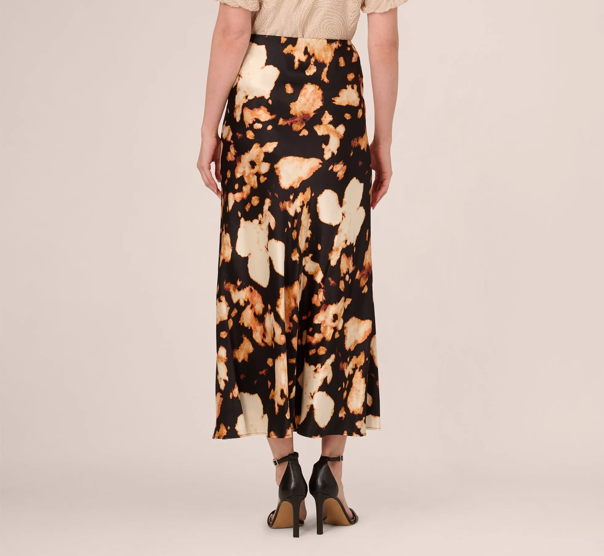 Printed Satin A Line Maxi Skirt In Black Eclipse