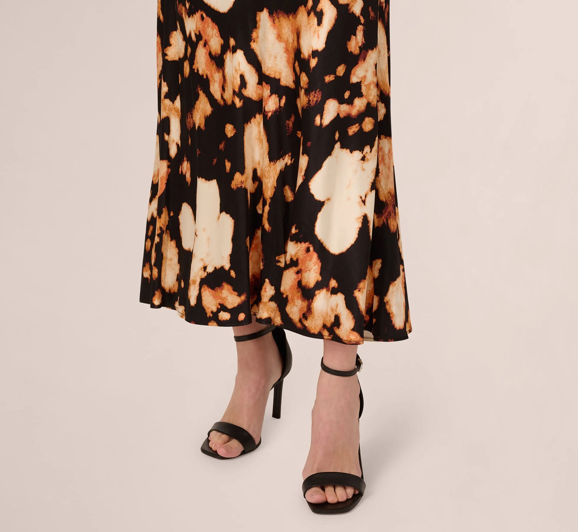 Printed Satin A Line Maxi Skirt In Black Eclipse