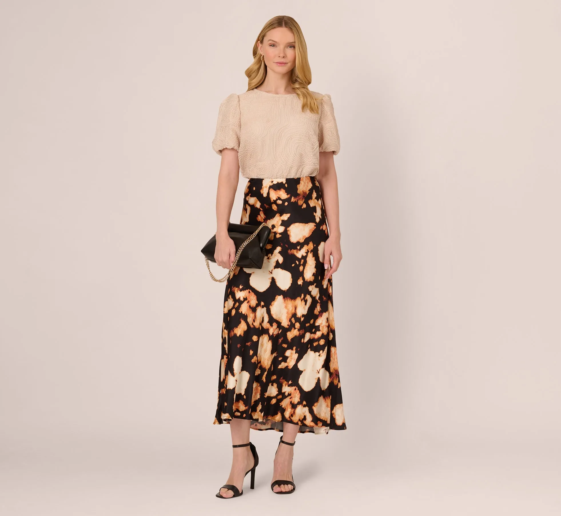 Printed Satin A Line Maxi Skirt In Black Eclipse
