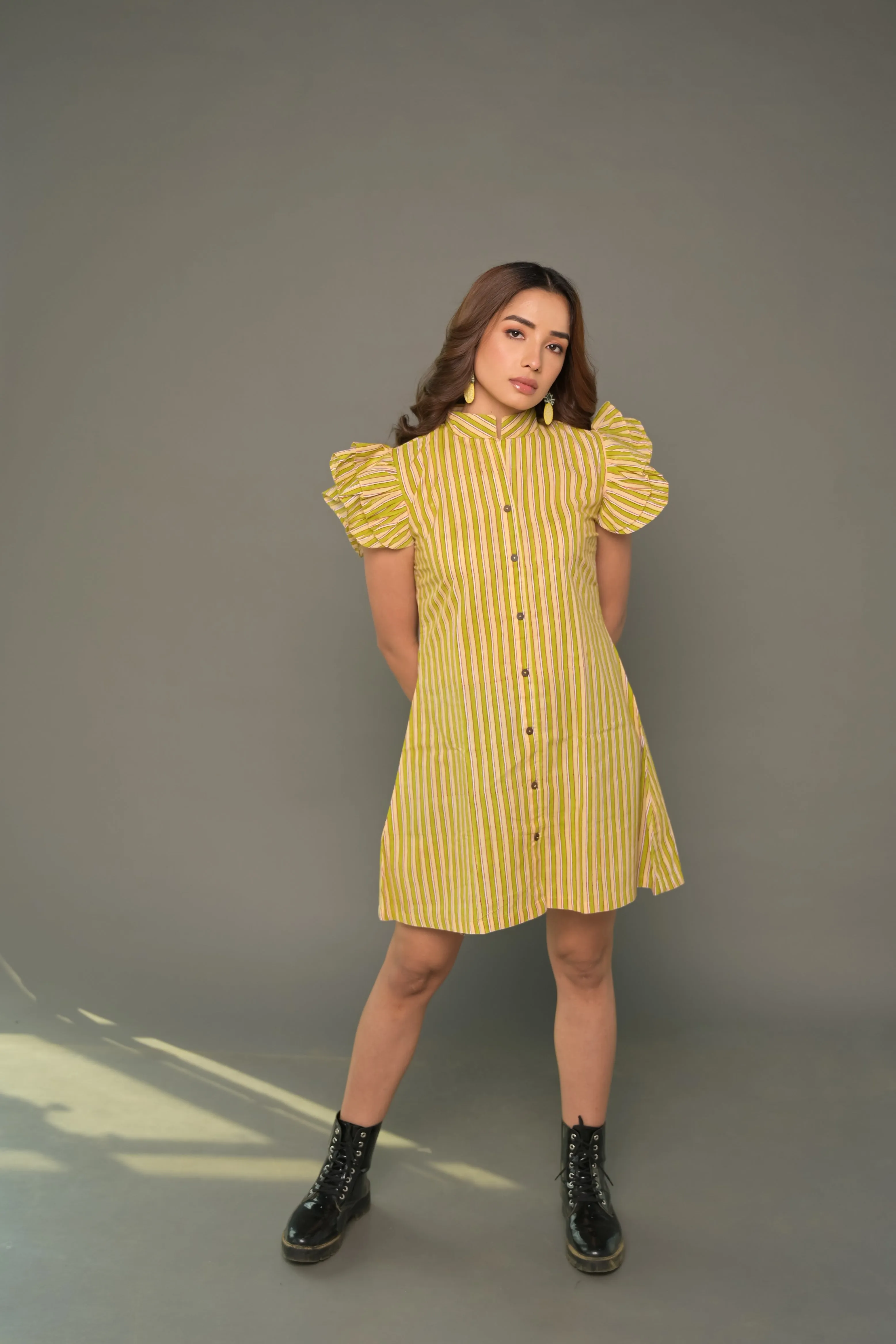 "Forest" Green Striped Cotton Dress & Shirt Combo