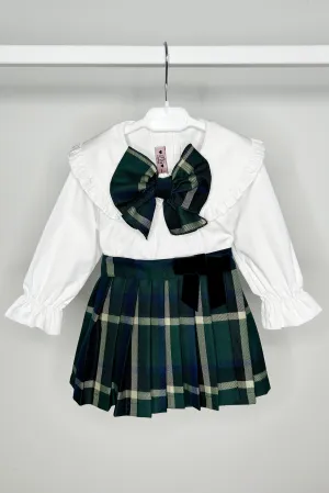 "Octavia" Blouse & Bottle Green Tartan Pleated Skirt