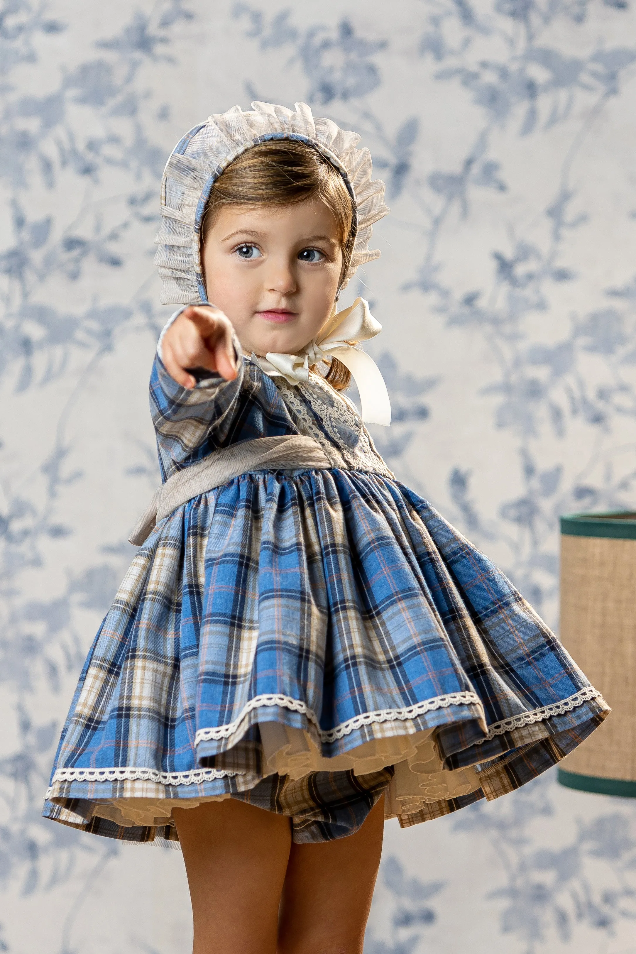 "Prudence" Dusky Blue Tartan Dress, Bloomers & Bonnet