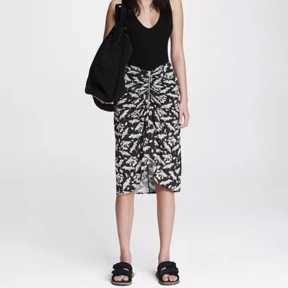 [rag &amp; bone] sabeen floral print zip front ruched hi low stretch midi skirt S/M