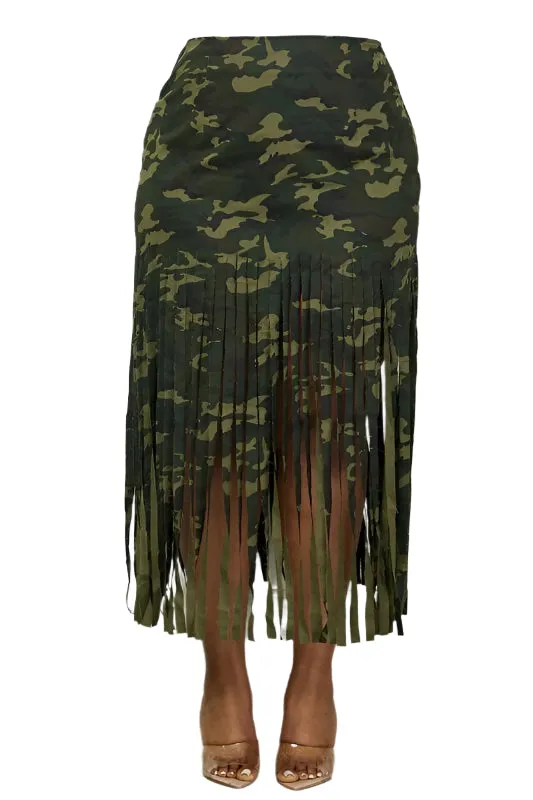 Regular Camo Fringe Hem Midi Skirt