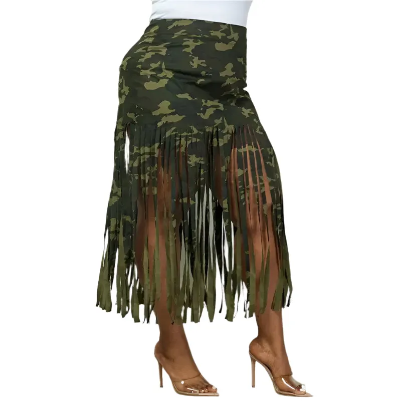 Regular Camo Fringe Hem Midi Skirt