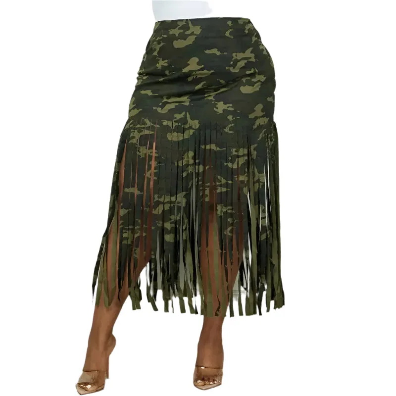 Regular Camo Fringe Hem Midi Skirt