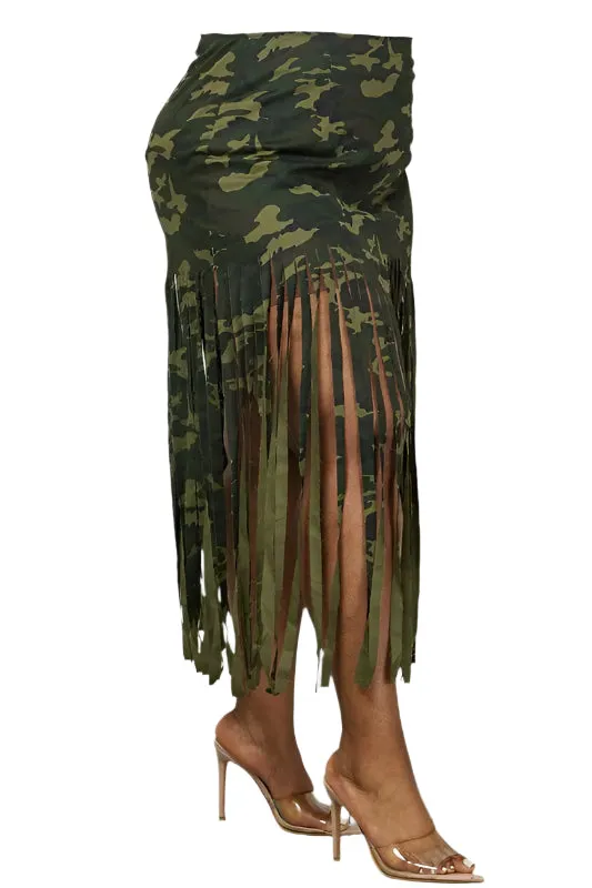 Regular Camo Fringe Hem Midi Skirt