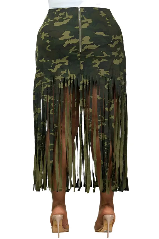 Regular Camo Fringe Hem Midi Skirt