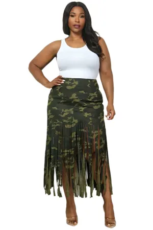 Regular Camo Fringe Hem Midi Skirt