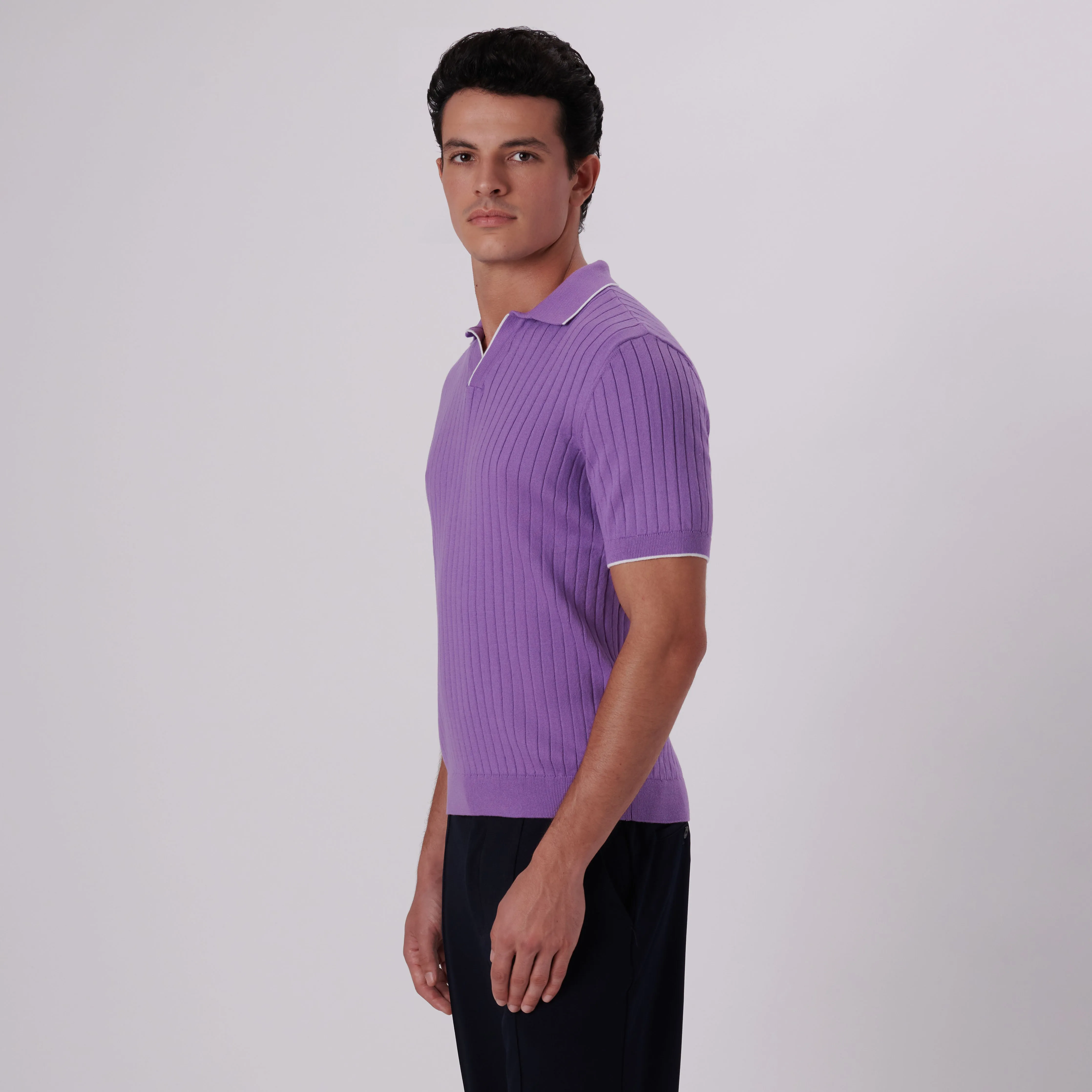 Rib Knit Short Sleeve Johnny Collar Sweater